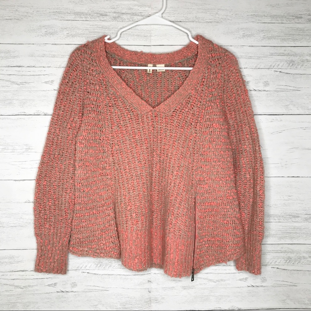Moth Pink Orange Beige V Neck Zip Knit Sweater